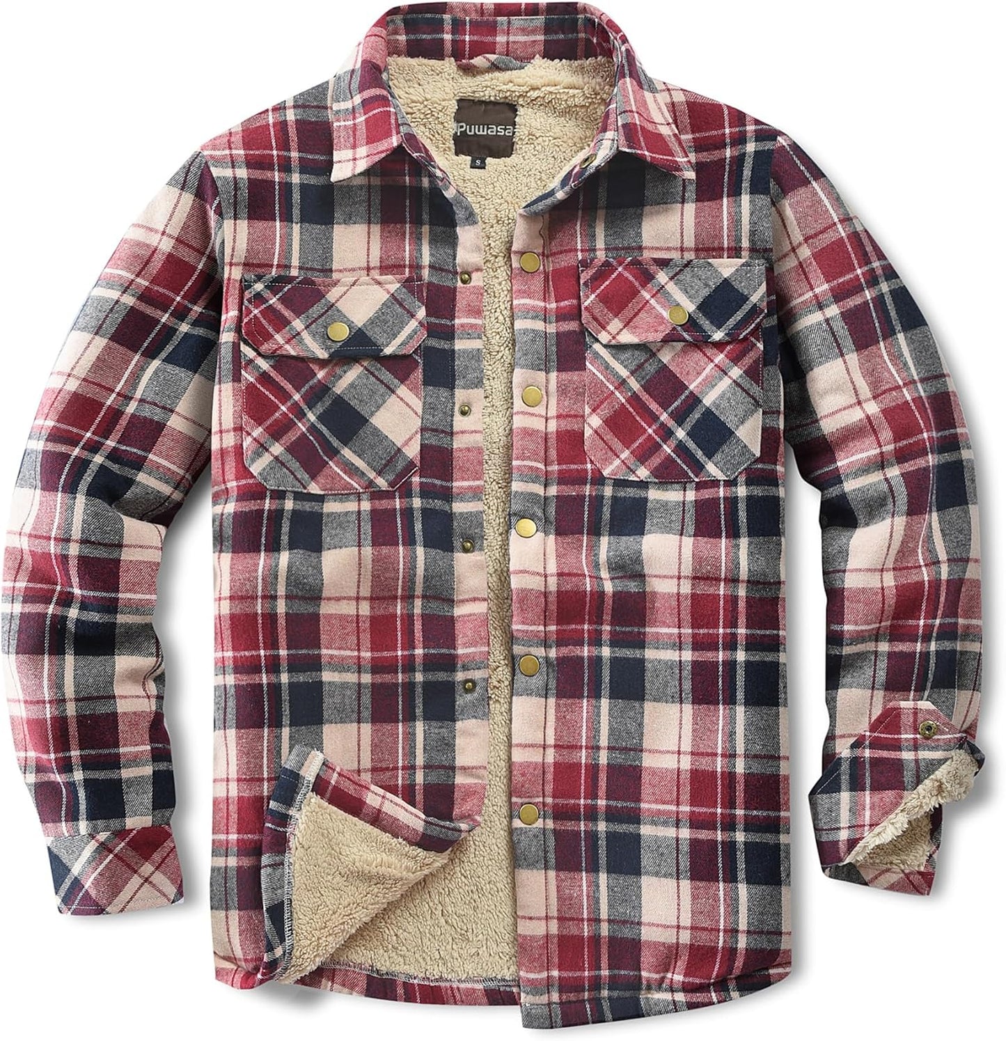Men's Sherpa Lined Cotton Flannel Shirt Jacket for Winter Wear
