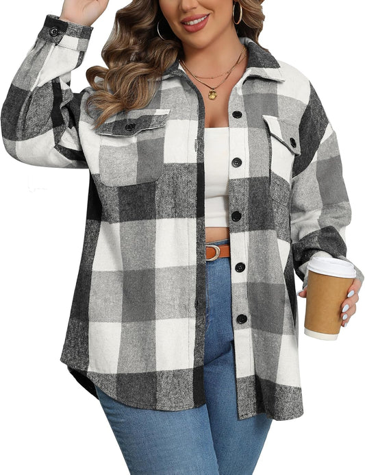 Plus Size Flannel Plaid Shacket for Women - Stylish and Cozy