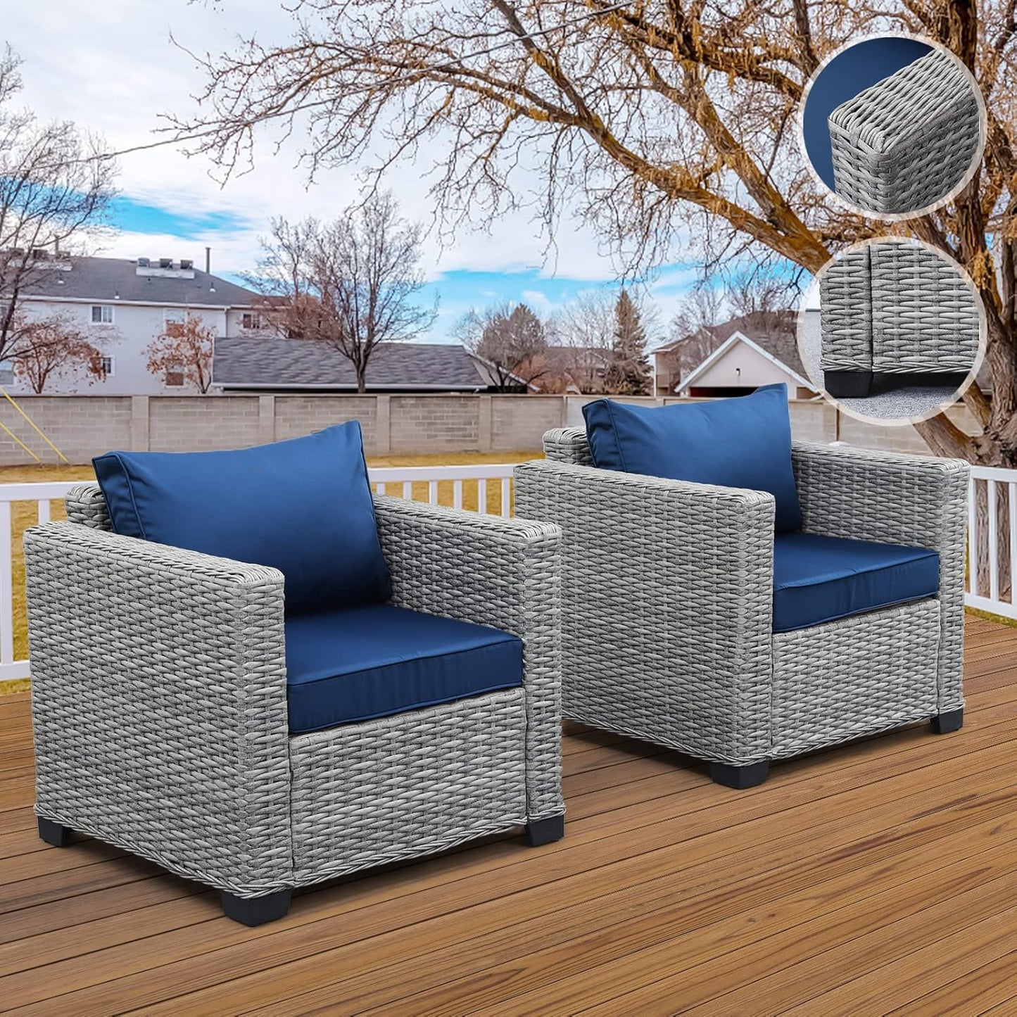 Navy Blue Outdoor Club Chairs Set - Anti-Slip Cushions & Waterproof Cover