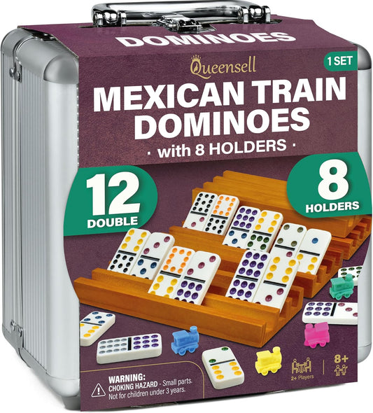 Mexican Train Dominoes Set with 8 Holders for Family Fun