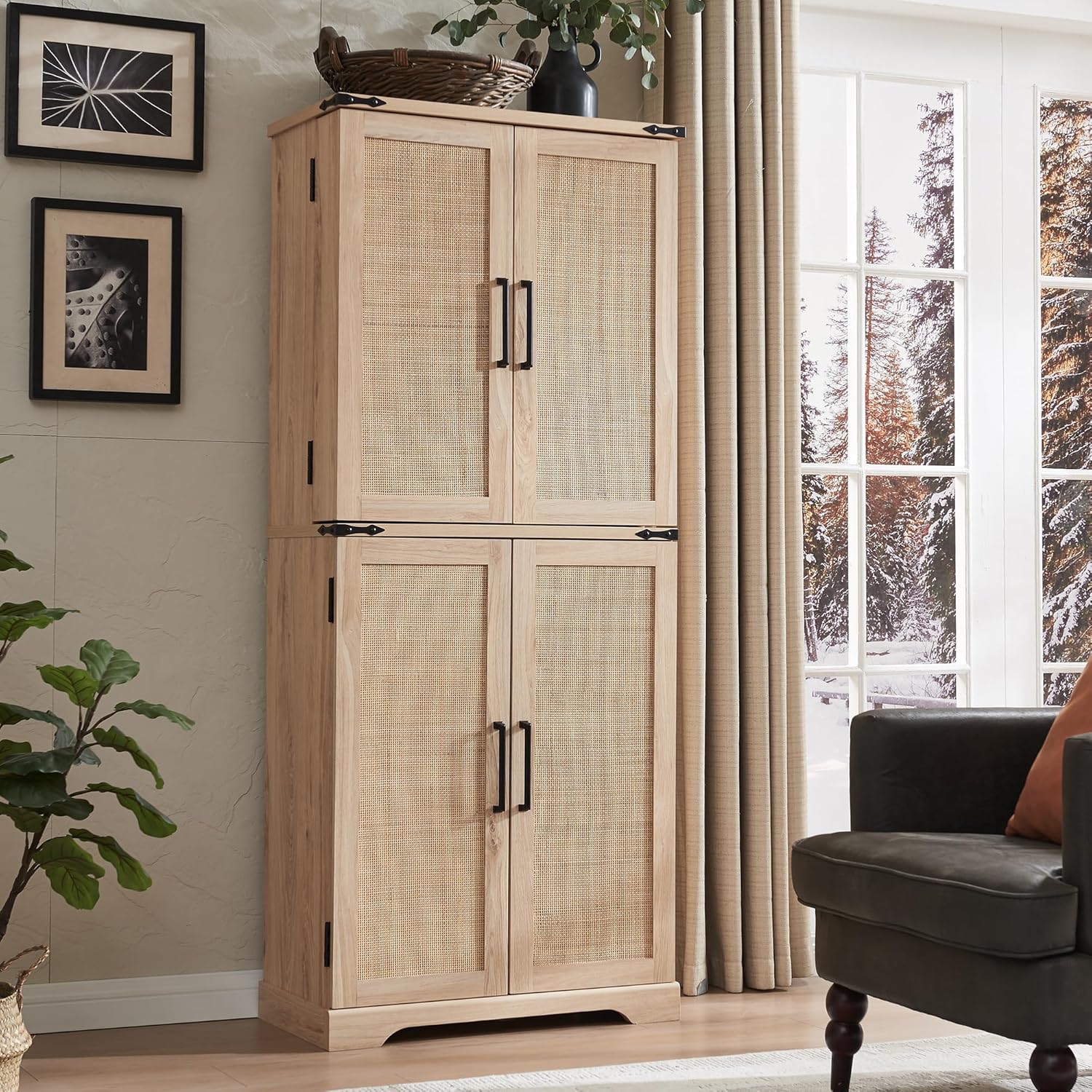 72 Tall Kitchen Pantry with Natural Rattan Doors for Storage