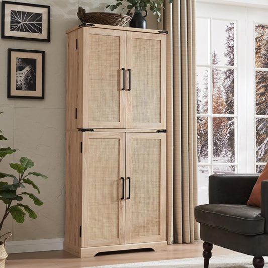 72 Tall Kitchen Pantry with Natural Rattan Doors for Storage