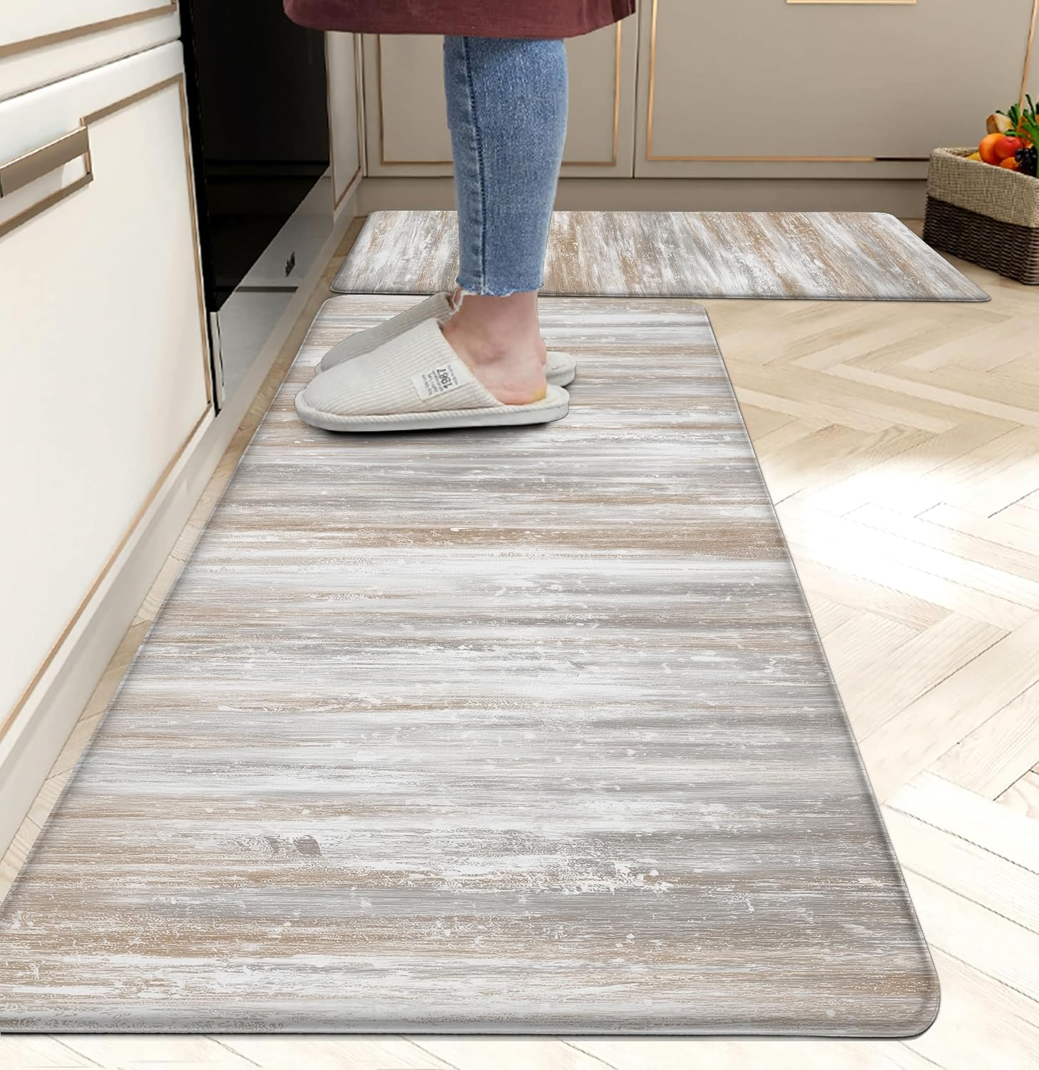 Beige Kitchen Rugs for Floor - Modern Abstract Anti Fatigue Mats