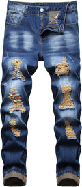 Mens Ripped Jeans Slim Fit Straight Leg - Distressed Denim