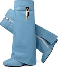 Fold Over Boots for Women Pointy Pull-on Wedge Heel Knee - Padlock