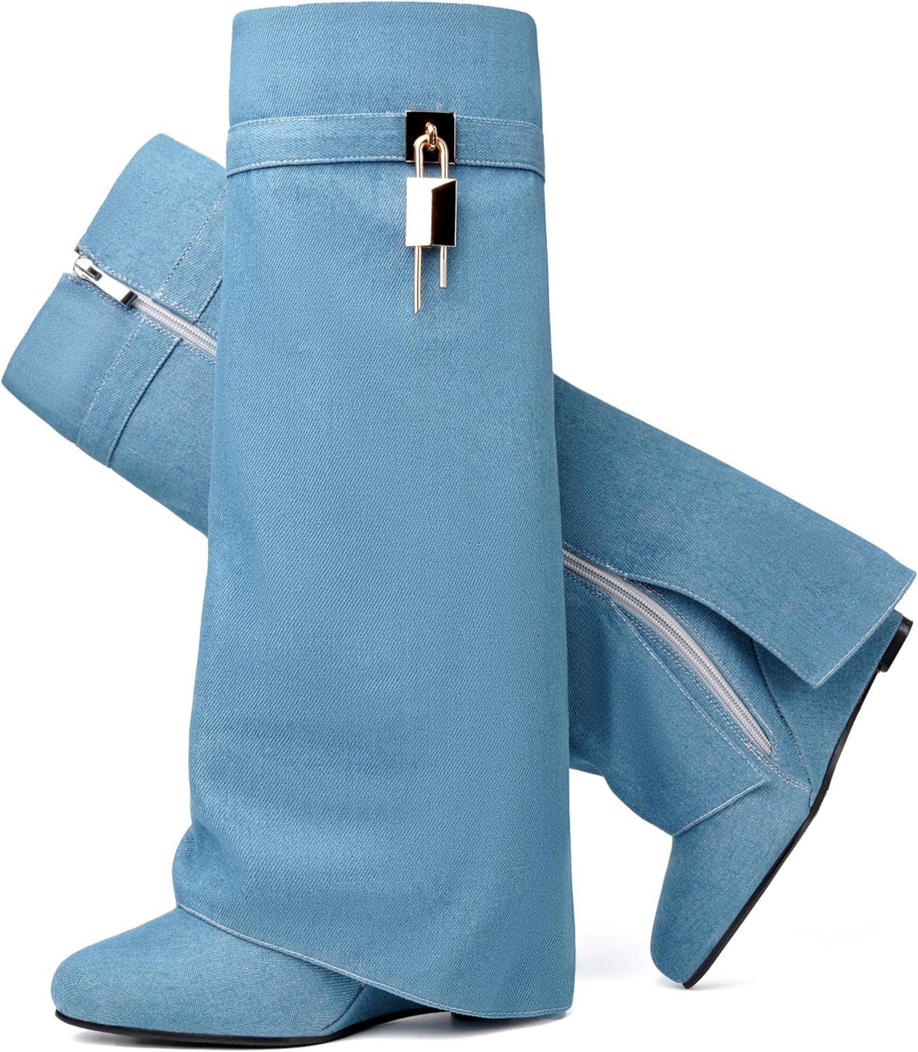 Fold Over Boots for Women Pointy Pull-on Wedge Heel Knee Shark Boot