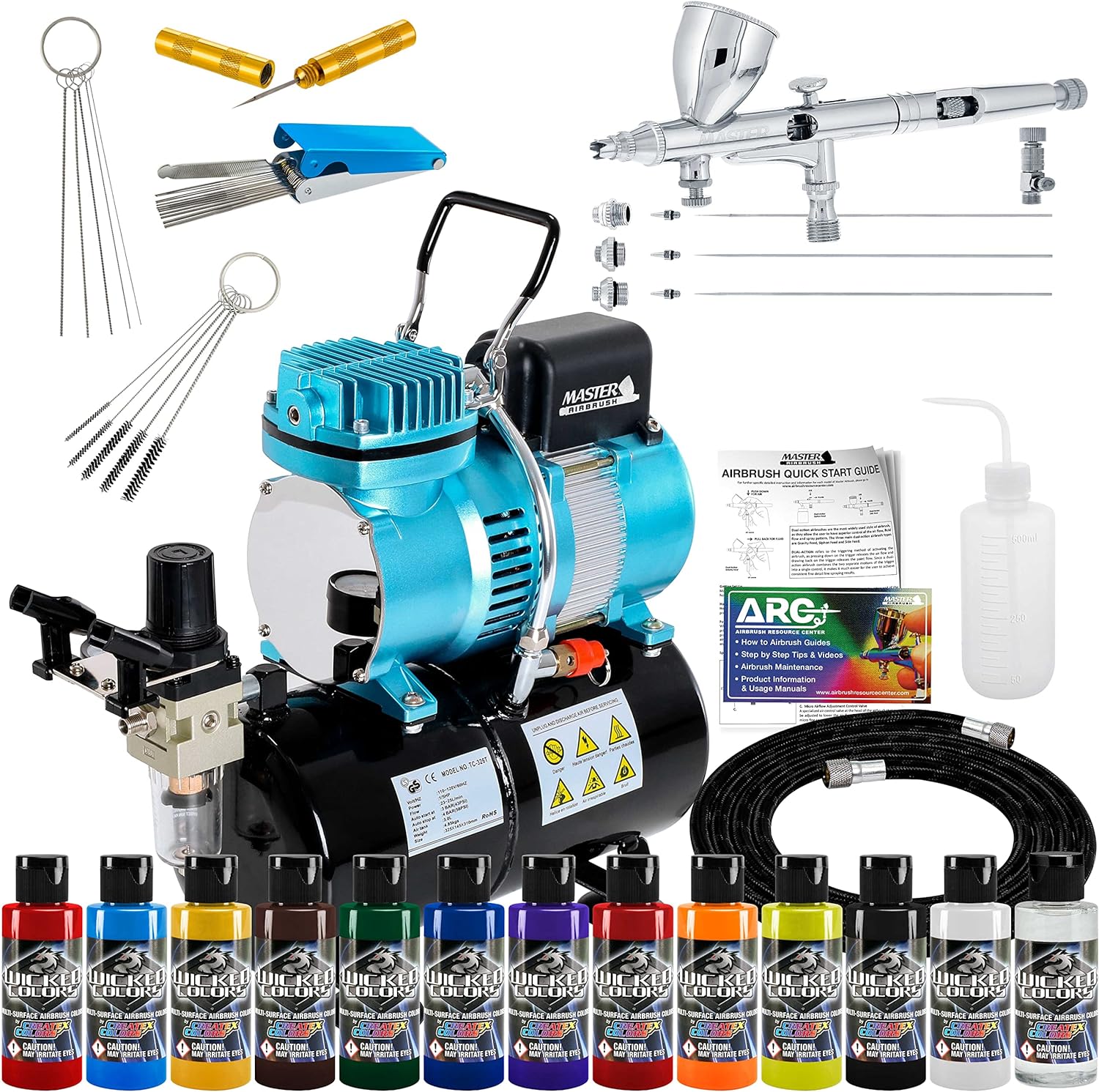 Master Precision Airbrush Kit - 3 Tips, Compressor, Paint Set