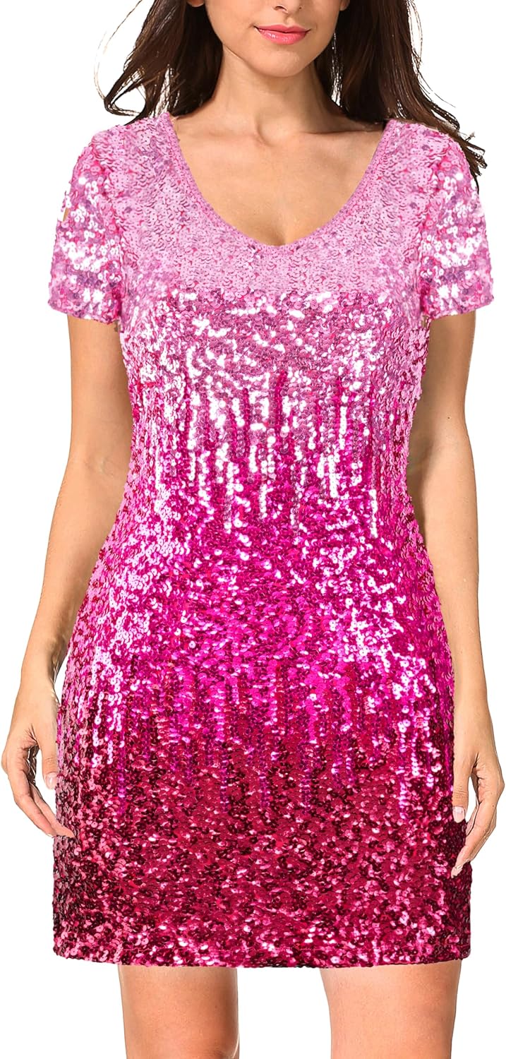 MANER Women's Sequin Glitter Short Sleeve Dress for Parties