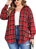 Plus Size Flannel Plaid Shirt Mid-Long Button Down - Casual Roll Up