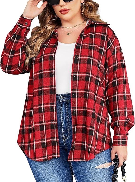 IN'VOLAND Womens Plus Size Flannel Plaid Shirt for Casual Wear