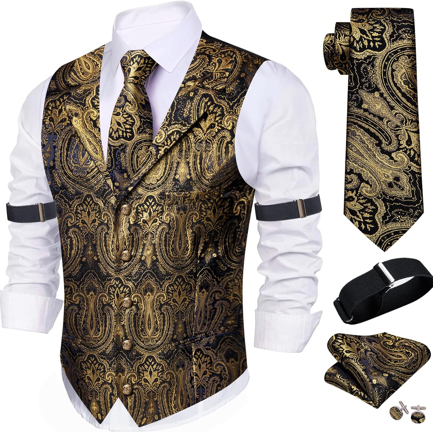 Stylish Mens Silk Lapel Vest Tie Sleeve Holder Set for Weddings