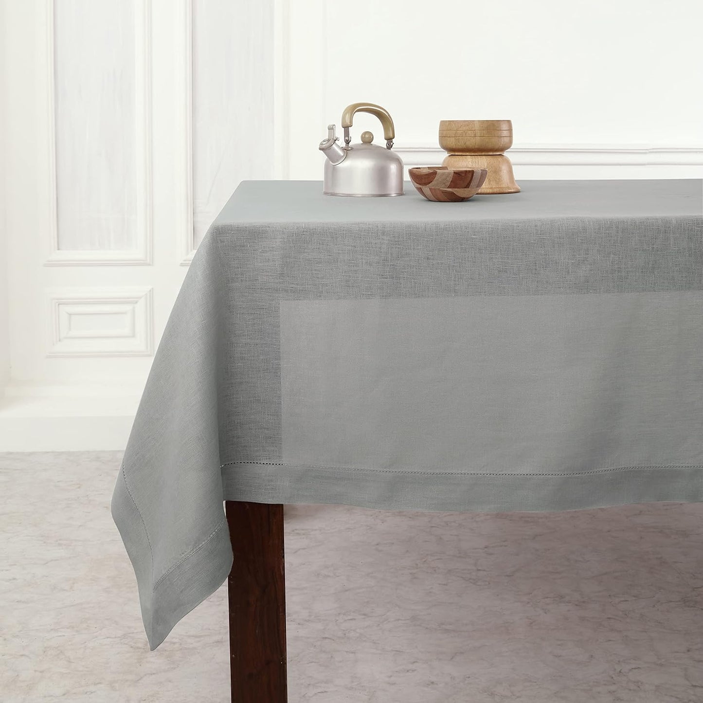 Classic Hemstitch Soft Grey Linen Tablecloth for Rectangle Tables