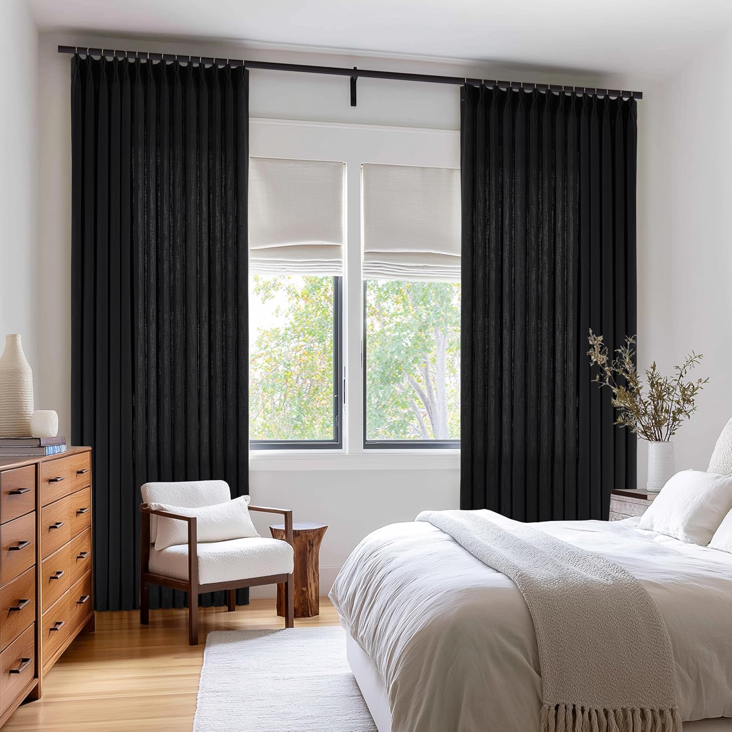 Black Pleated Curtains 86 Inches Long for Living Room Decor