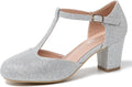 Womens T Strap Mary Jane Chunky Block Heel Pumps - Comfort Fit