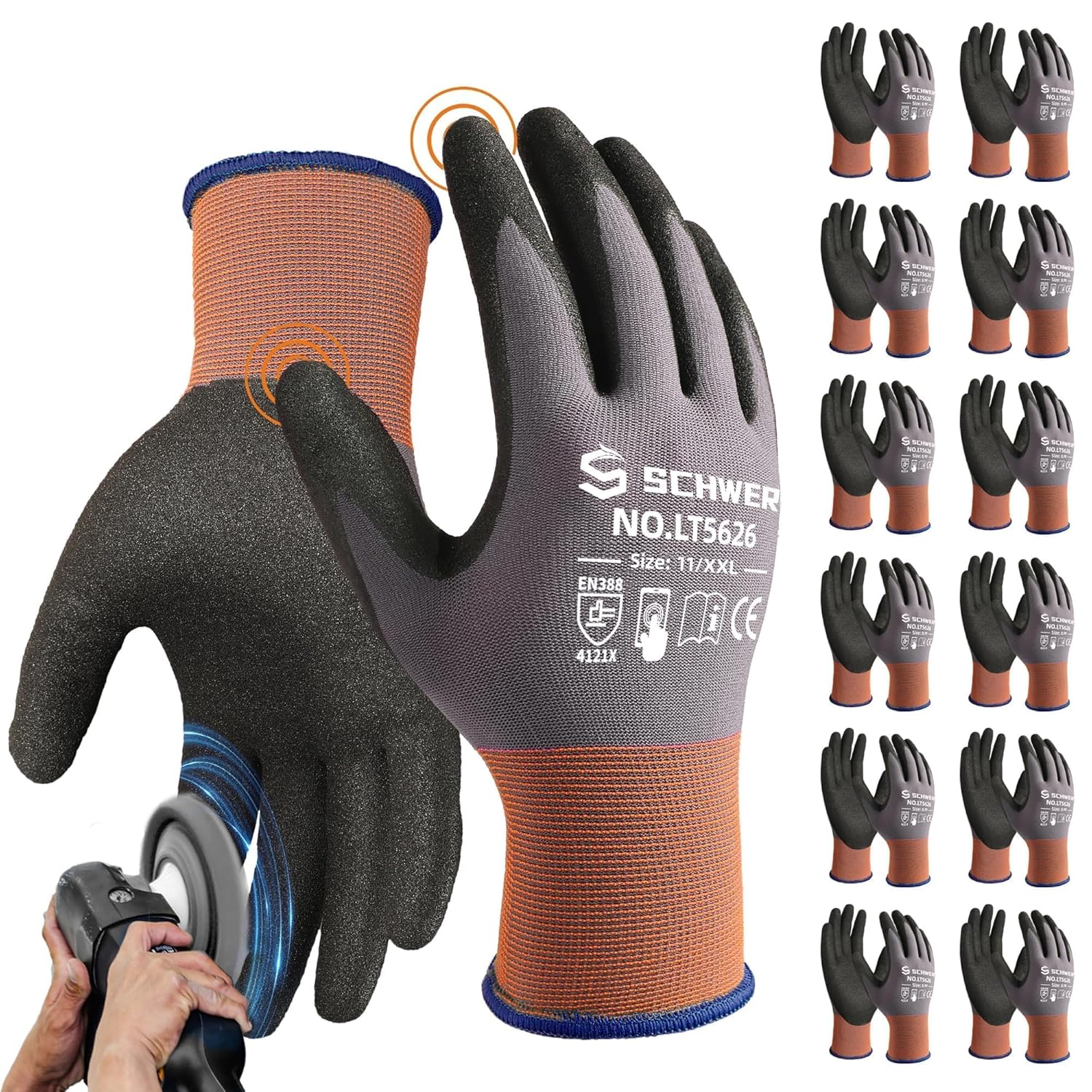 Schwer 12 Pairs Safety Work Gloves with Sandy Nitrile Coating