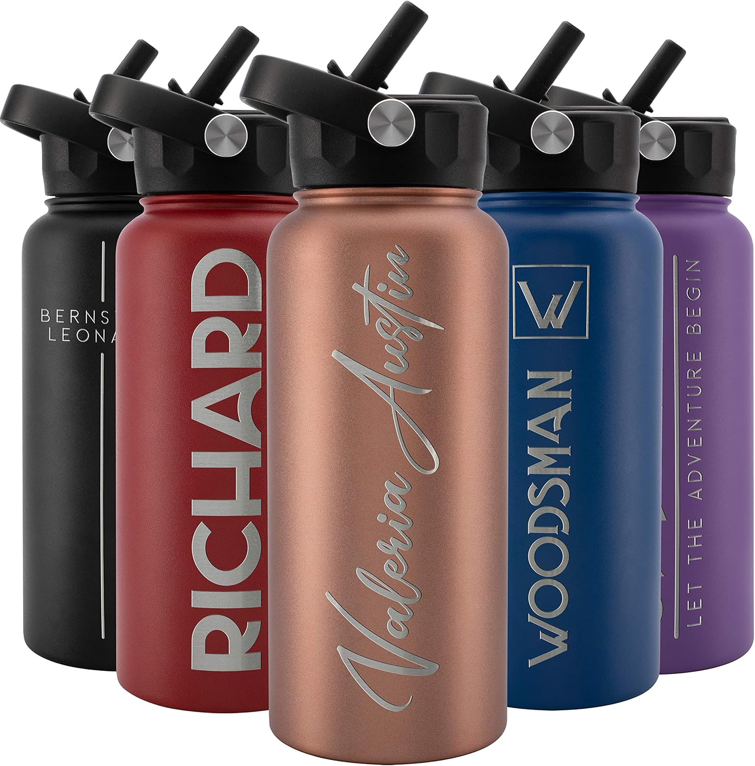 Personalized Water Bottle w/Straw & Lid - 32 oz Rose Gold