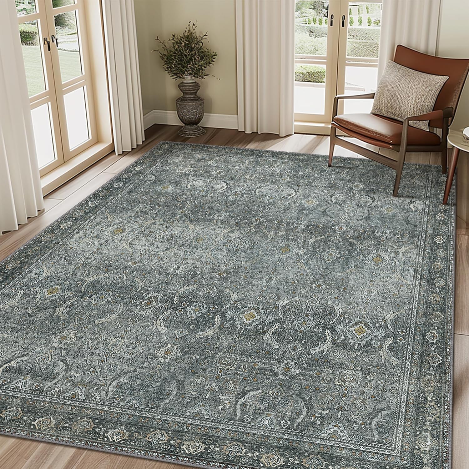 8X10 Area Rugs Machine Washable Vintage Boho Slate Grey Rug