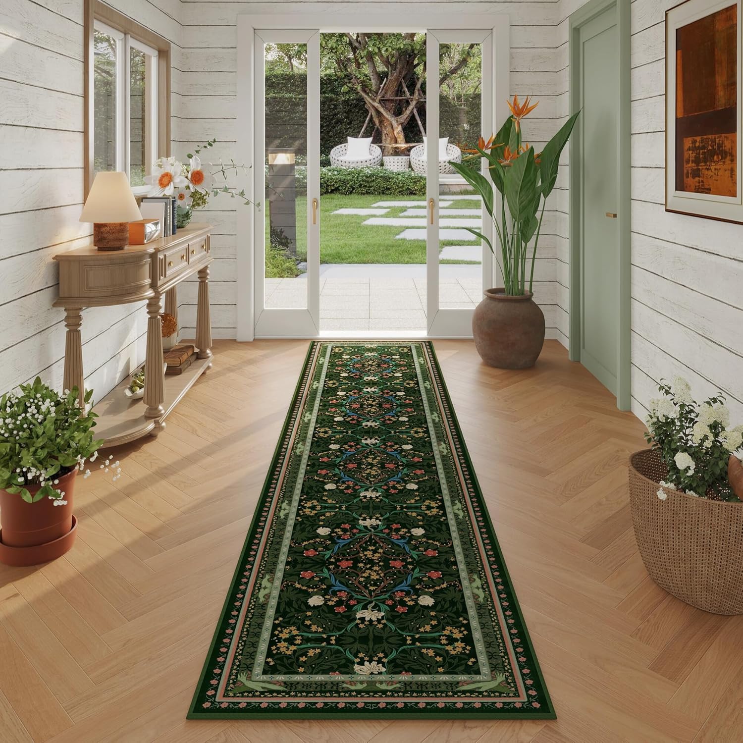 Vintage Floral Botanical Runner Rug for Kitchen and Home Use