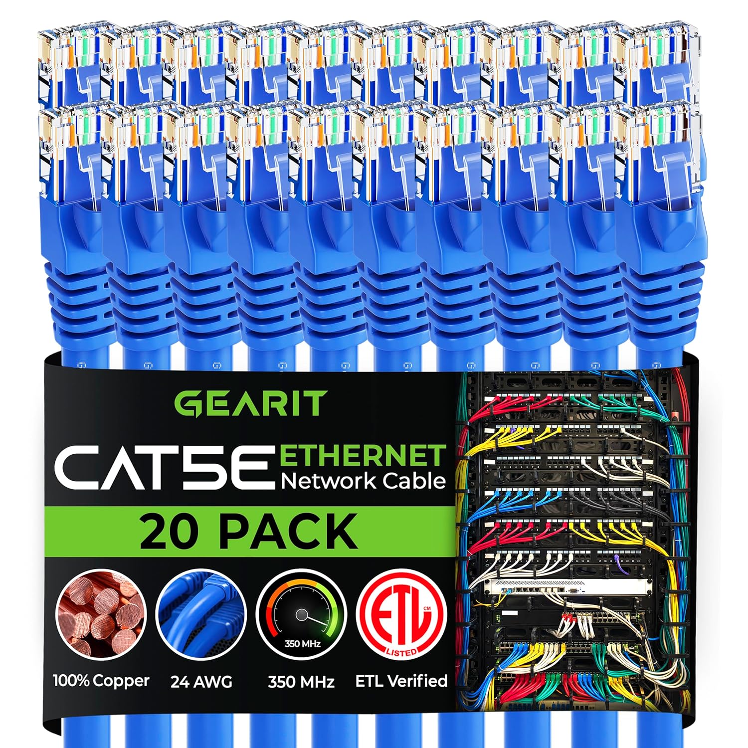 GearIT 20-Pack Cat5e Ethernet Patch Cable 10 Feet Snagless