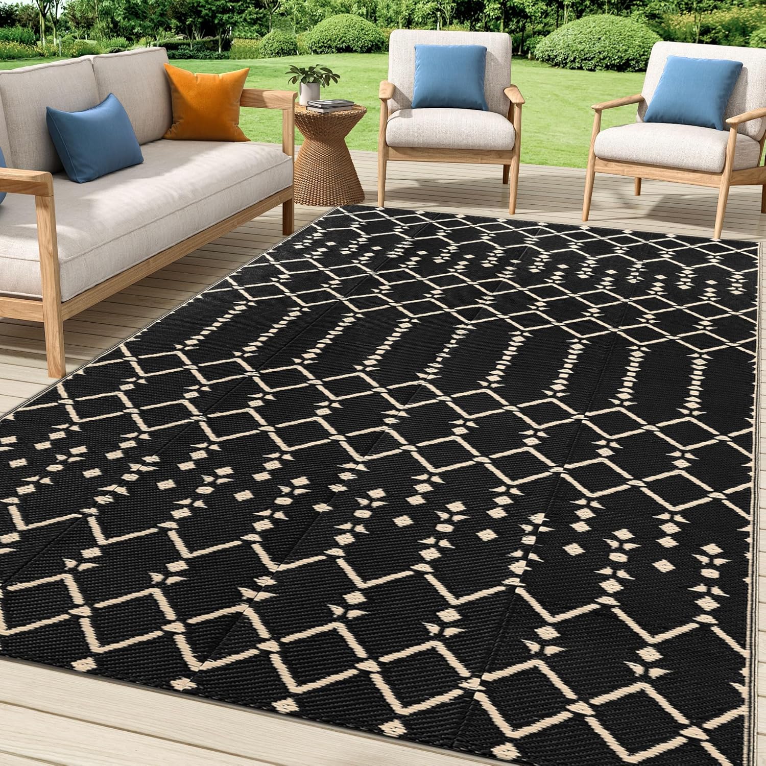 Smiry Outdoor Rug 5x8 ft Waterproof Reversible Plastic Straw