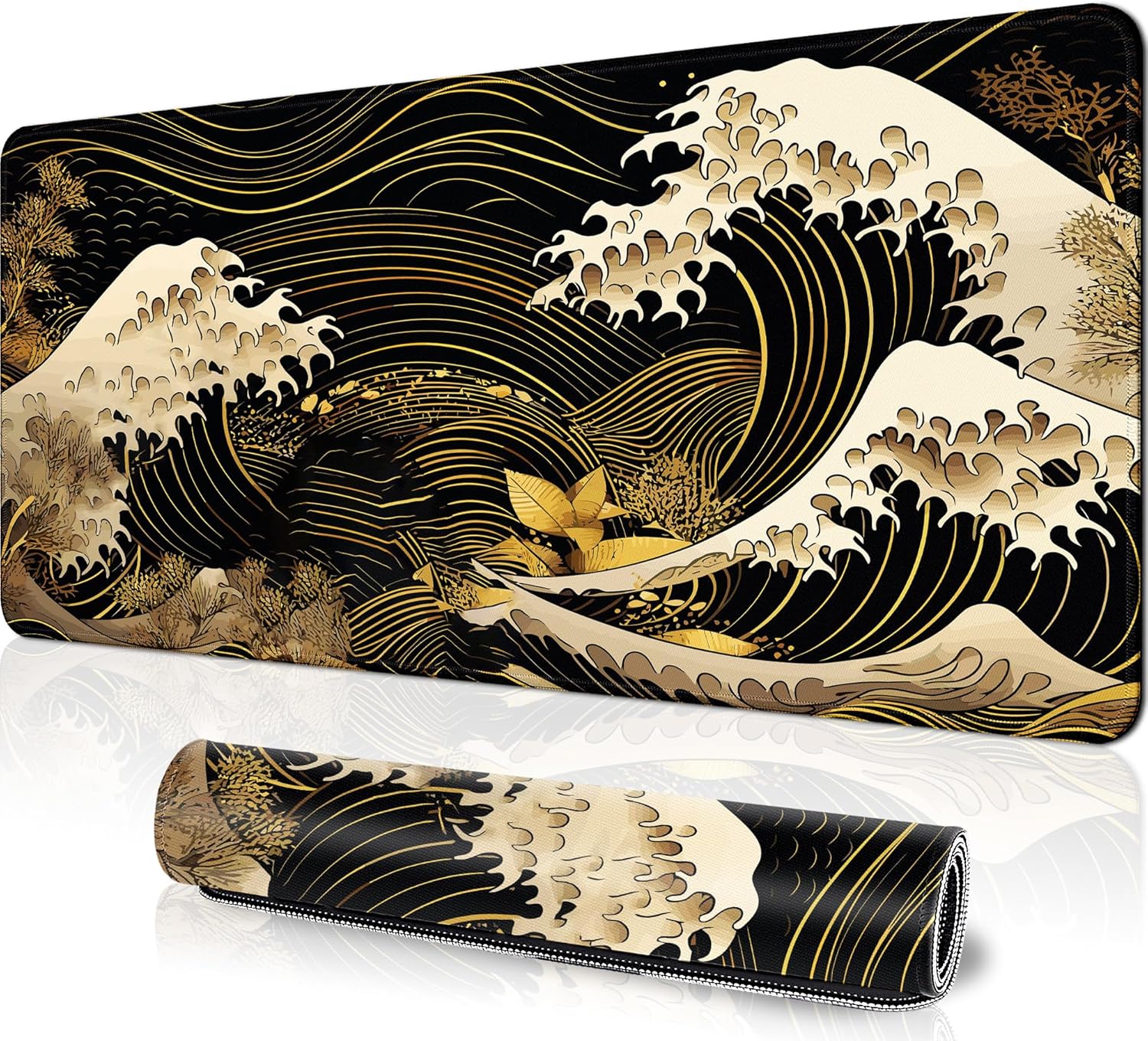 Knobcar XL Gaming Mouse Pad - Non-Slip, Stitched Edge, Japanese Wave Design