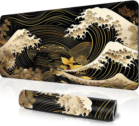 Knobcar XL Gaming Mouse Pad - Non-Slip, Stitched Edge, Japanese Wave Design