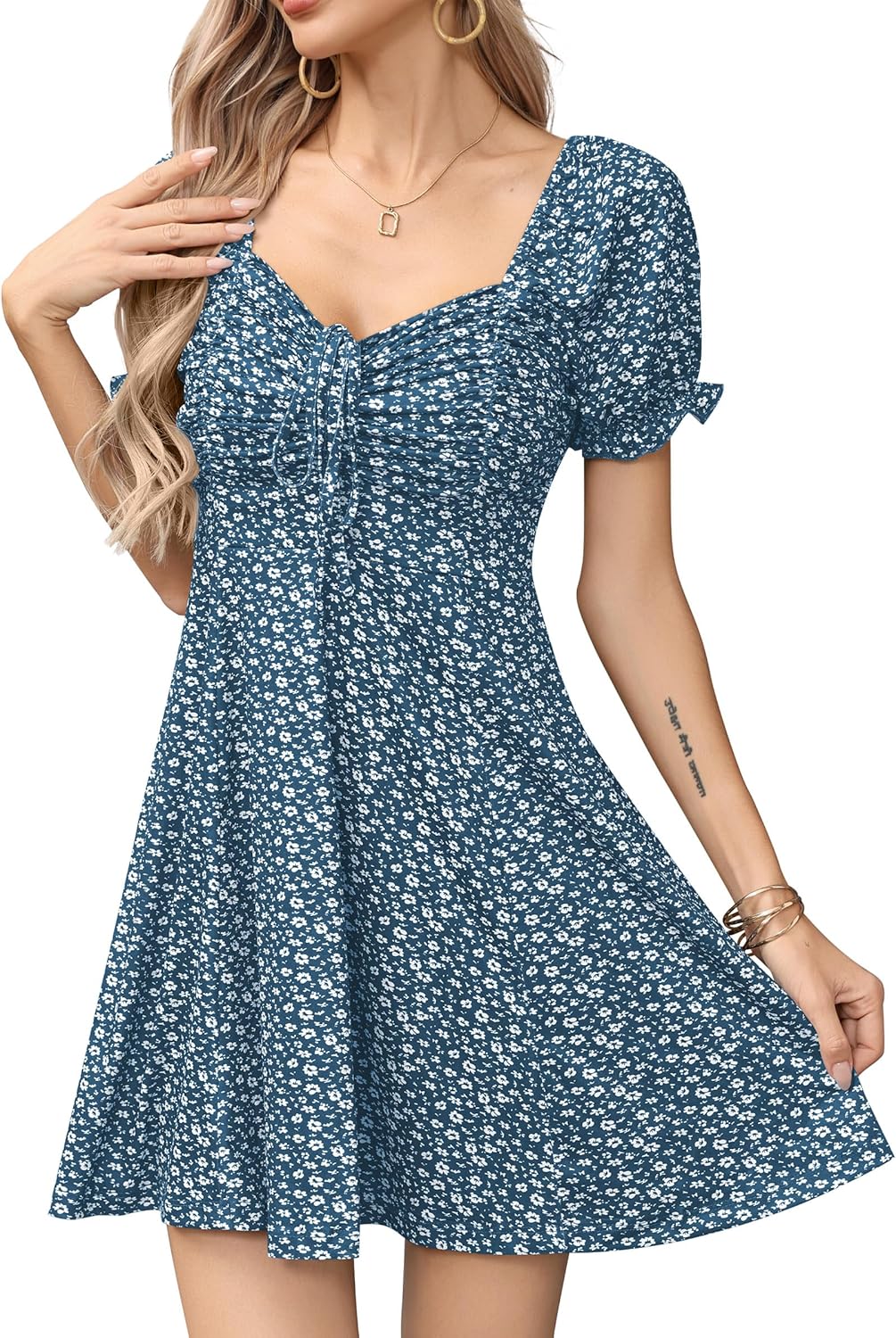 Missufe Women's Puff Short Sleeve Floral Mini Sun Dress 2025