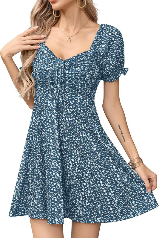 Missufe Women's Puff Short Sleeve Floral Mini Sun Dress 2025