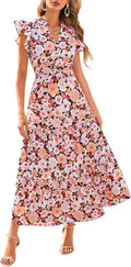 PRETTYGARDEN Floral Midi Dress Cap Sleeve V Neck - Flowy Summer Boho