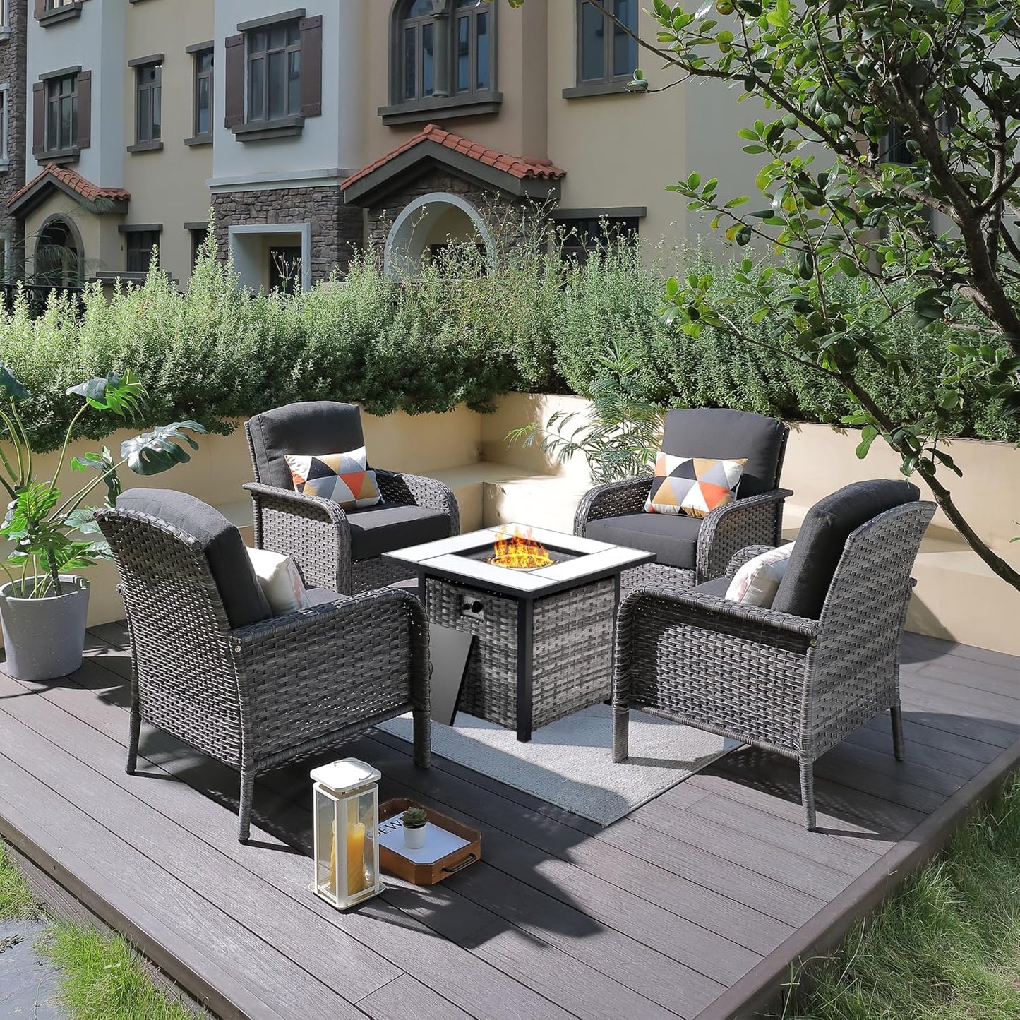 ovios 4 Pieces Patio Furniture Set with Fire Pit Table for Outdoors