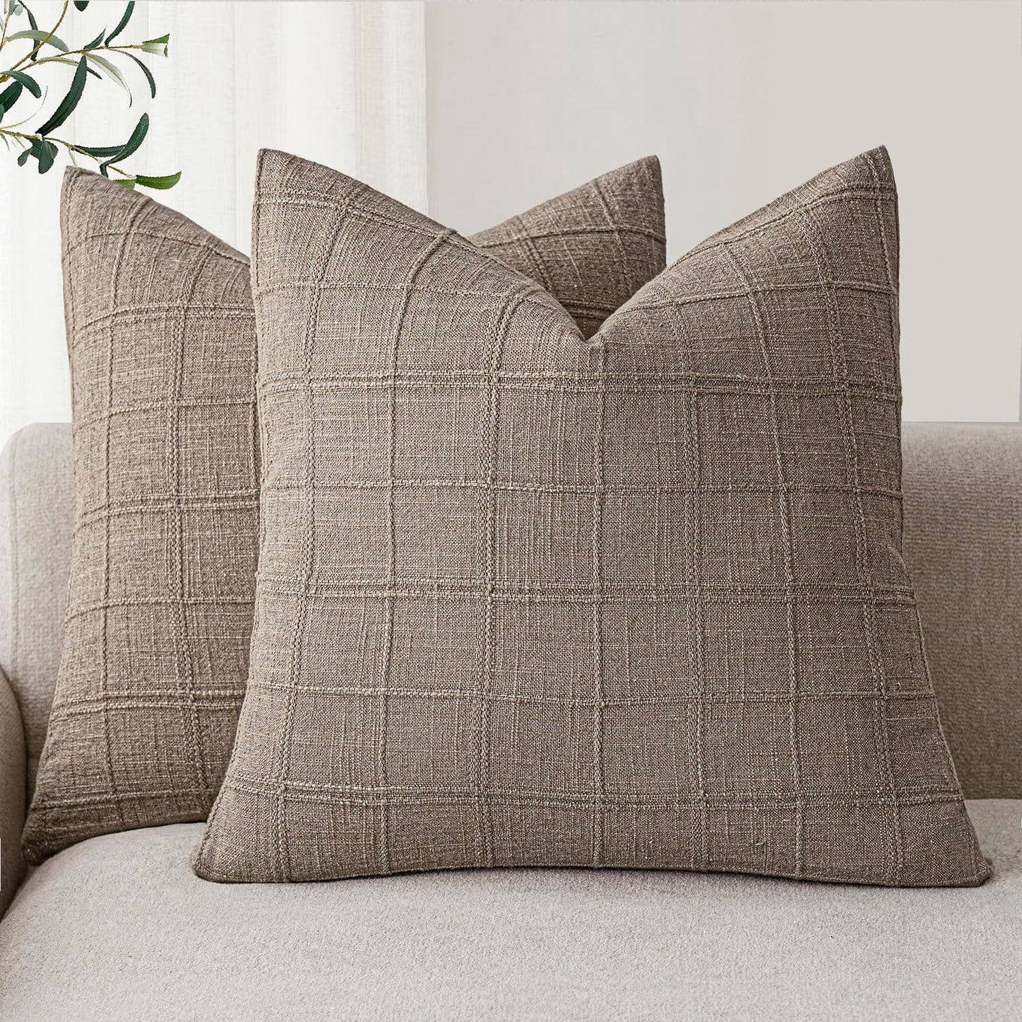 Foindtower Decorative Linen Check Throw Pillow Covers for Home
