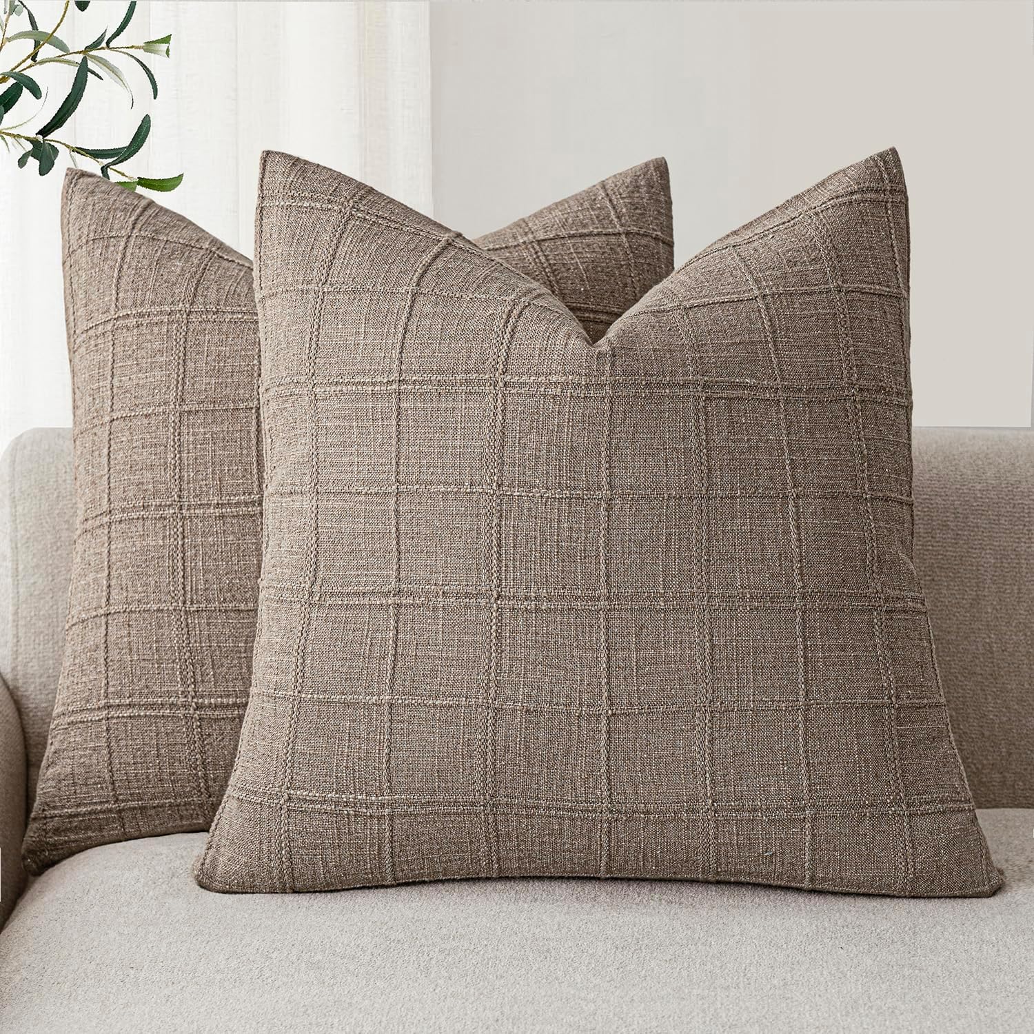 Foindtower Decorative Linen Check Throw Pillow Covers for Home
