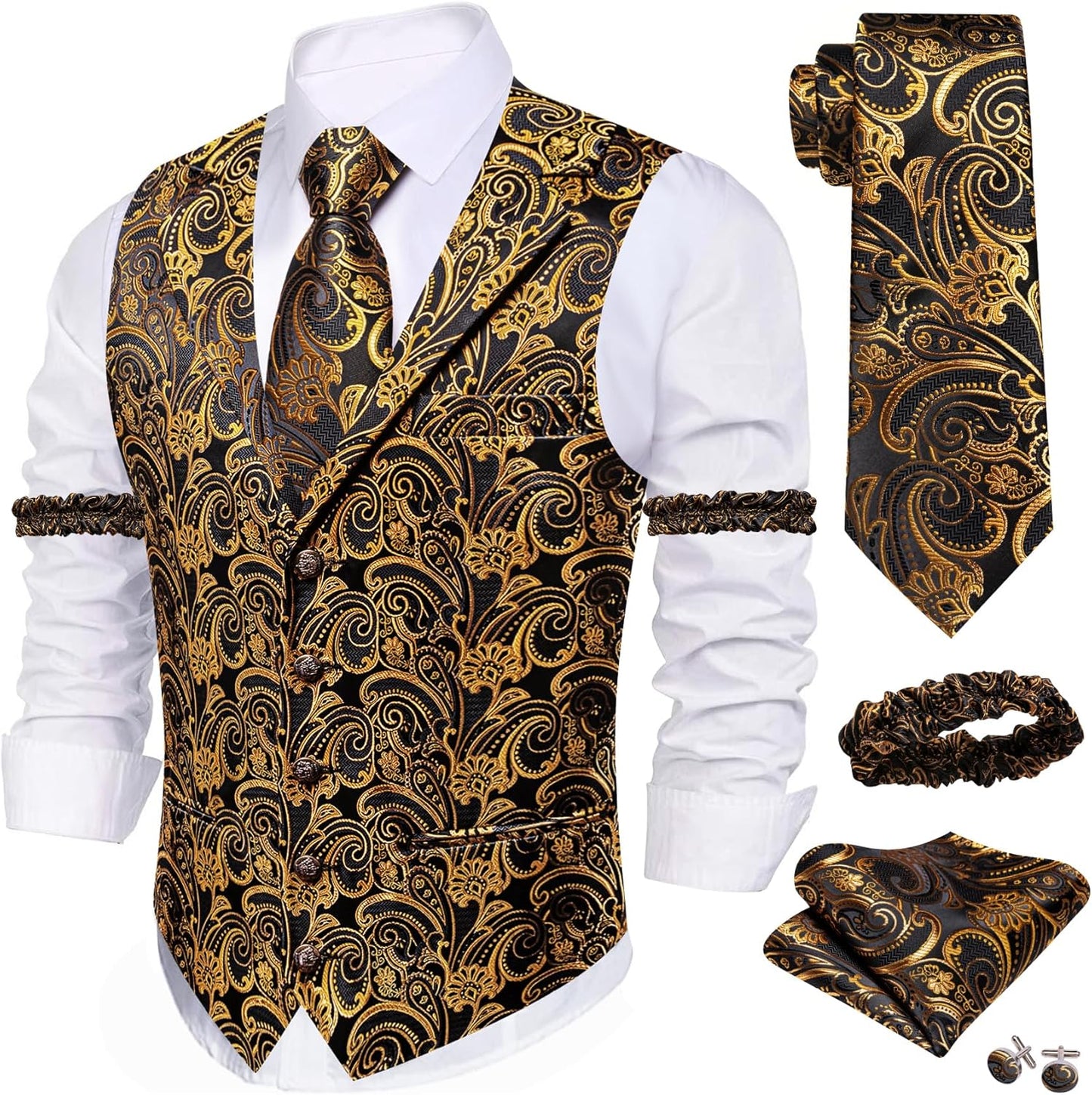 Barry.Wang Mens Silk Lapel Vest Tie Sleeve Holder Set for Weddings