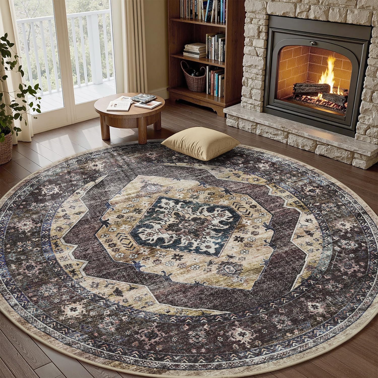 6 ft Round Rugs for Living Room and Bedroom Soft Vintage Style