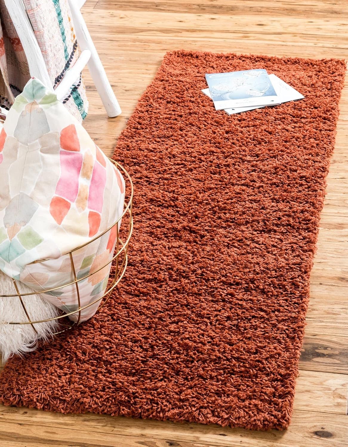 Uber Cozy Solid Shag Collection Rug 20 Ft Runner in Terracotta