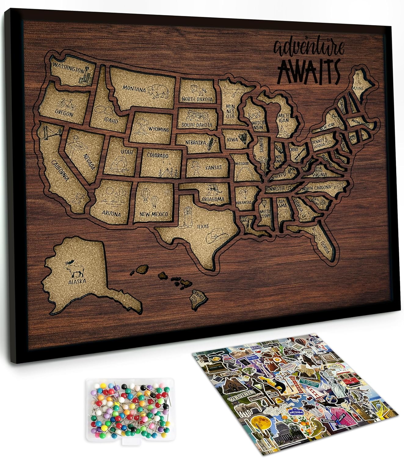 Cork Travel Map of USA with Pins - Perfect for Couples Gift