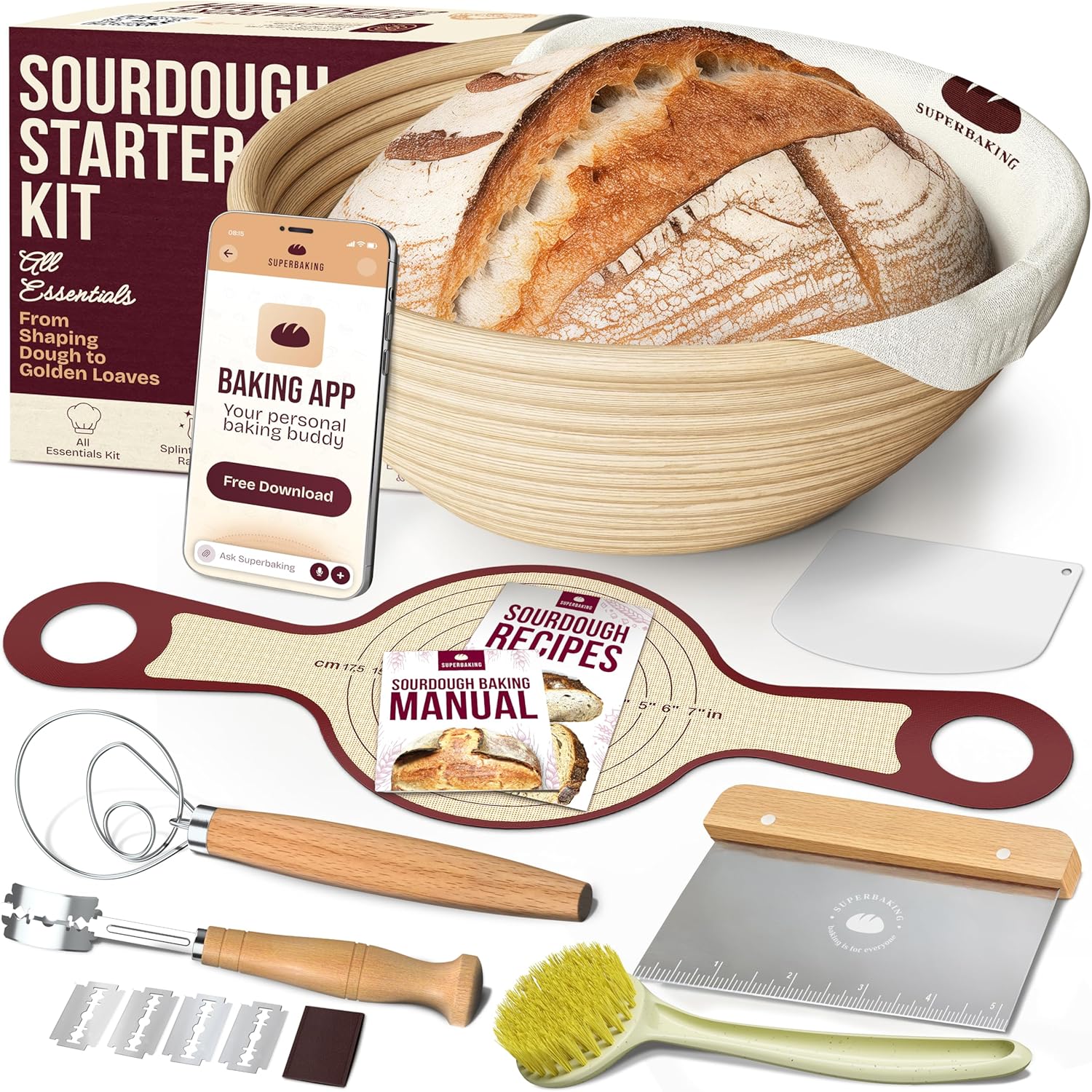 Superbaking Banneton Bread Proofing Basket Set for Sourdough