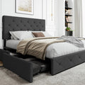 Queen Size Upholstered Platform Bed Frame with 4 Drawers - Dark Grey
