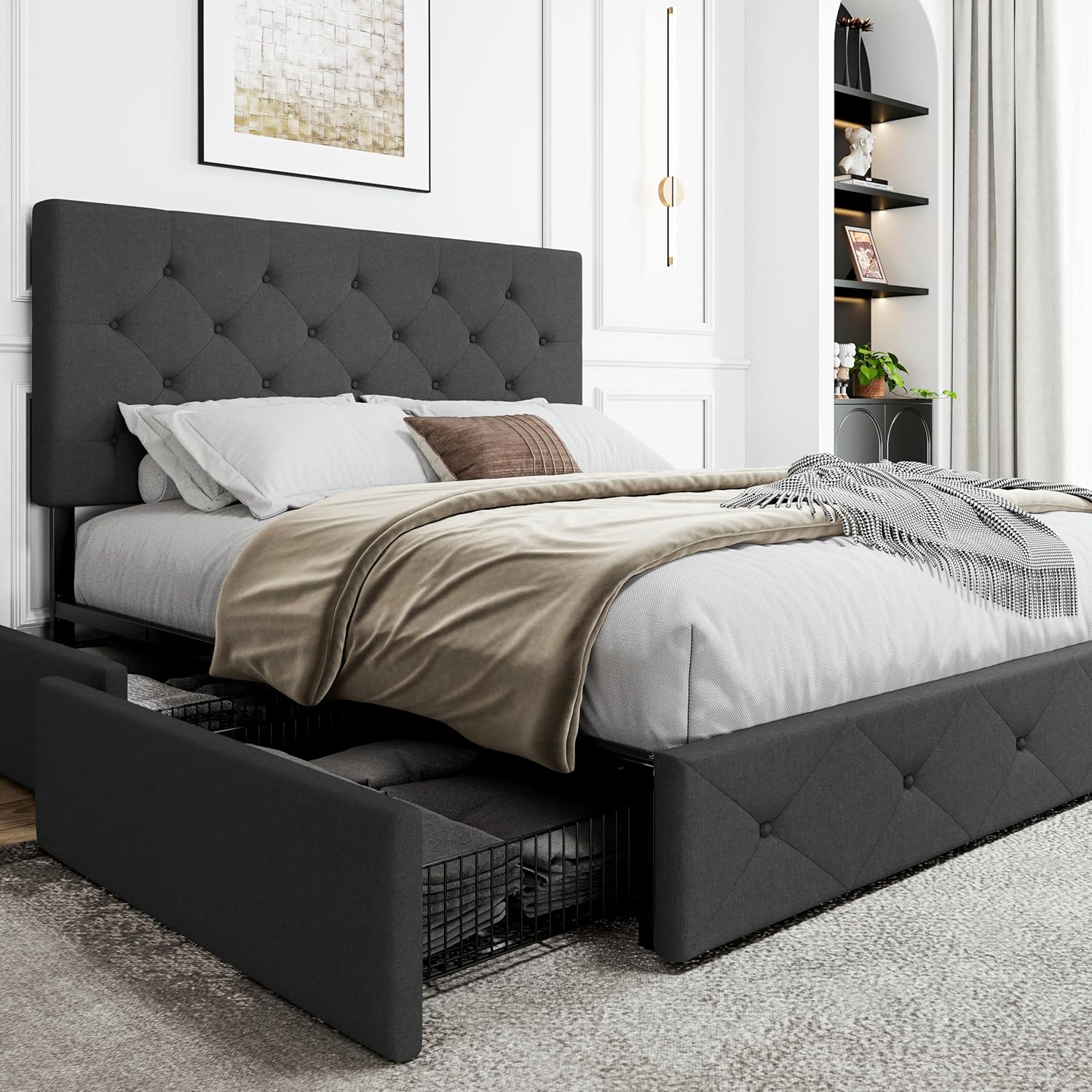 SHA CERLIN Upholstered Queen Size Platform Bed Frame with Storage