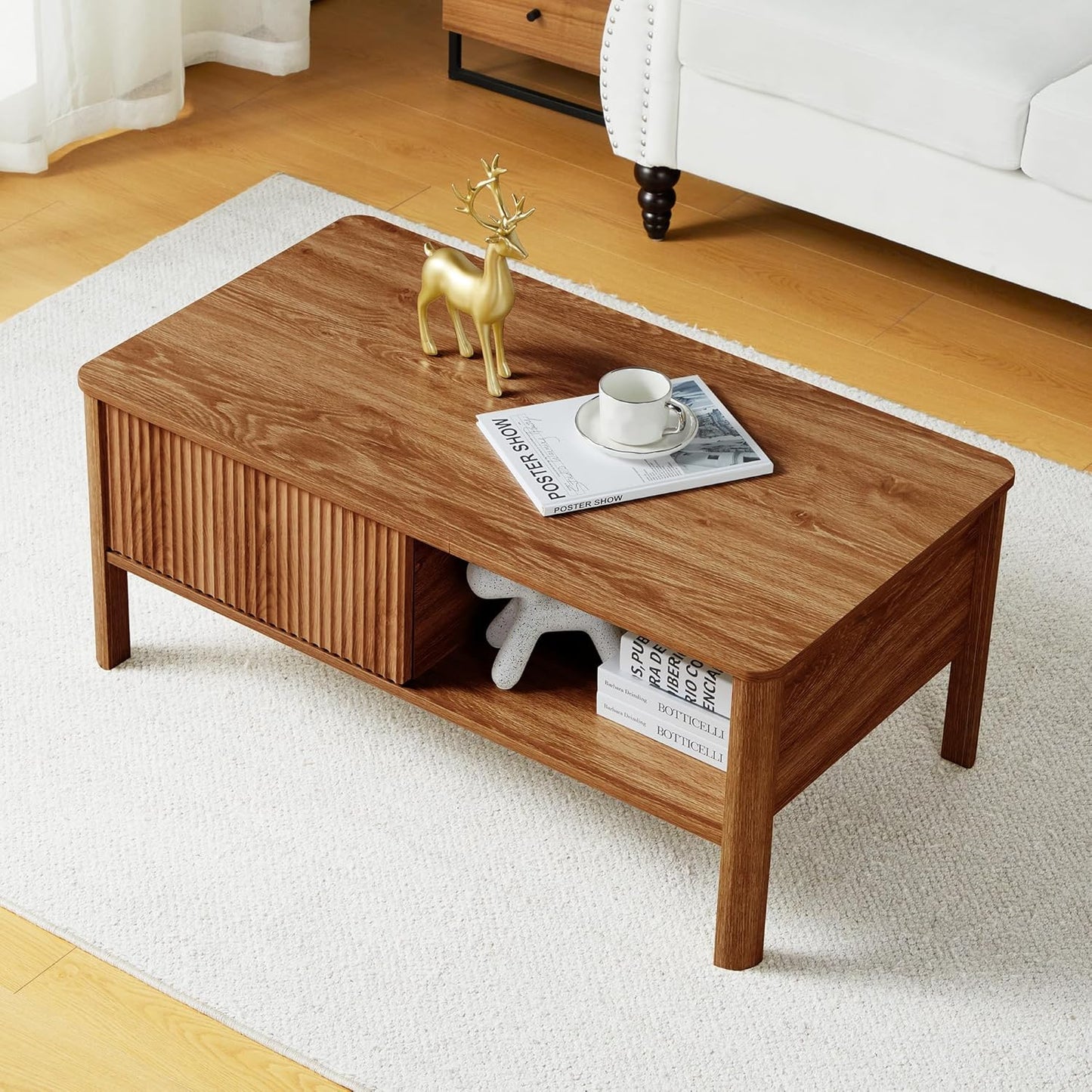 Mid-Century Wood Coffee Table - Dual Shelf Storage
