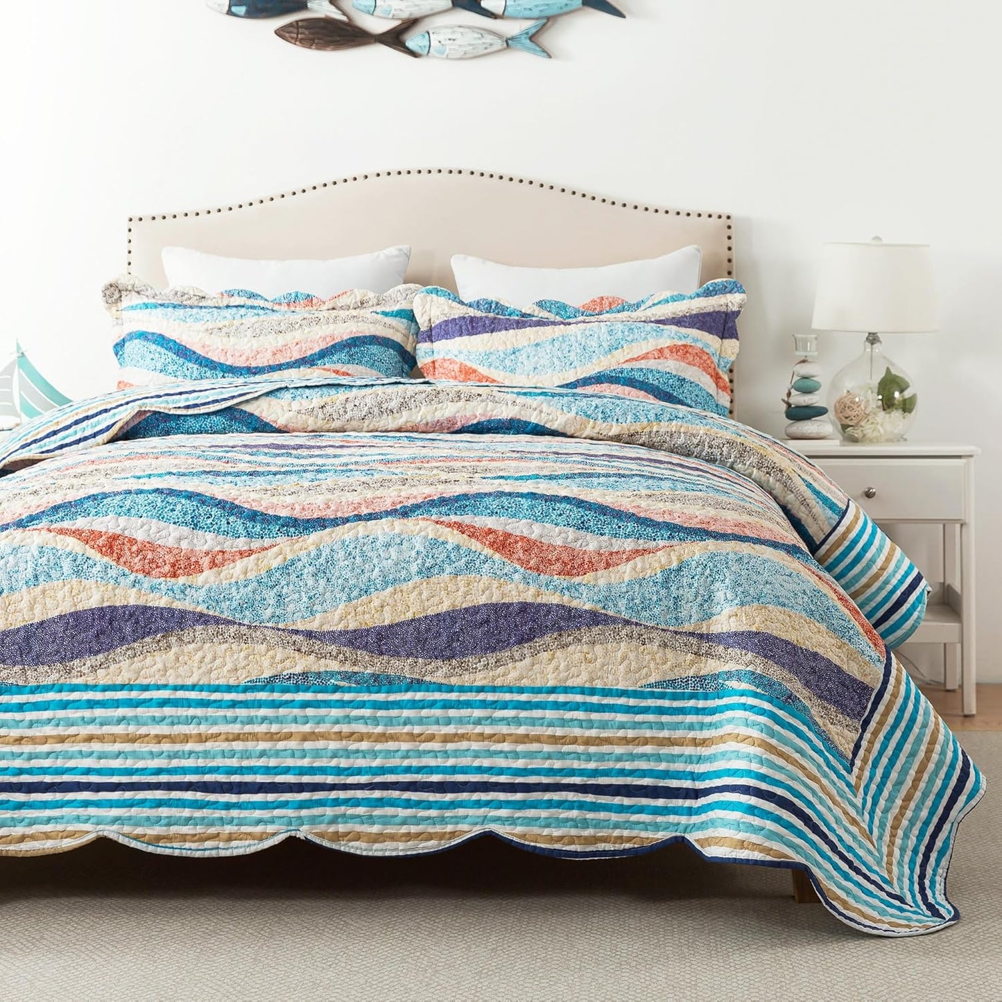 HoneiLife Oversized King Bedspreads - Coastal Quilt Set 120x120
