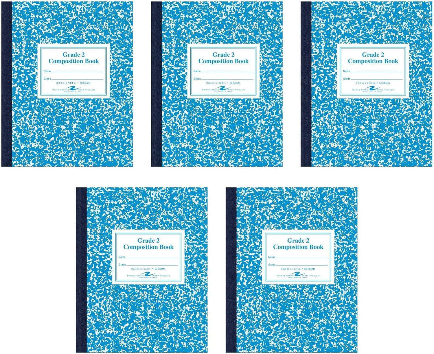 Grade 2 Blue Marble Composition Book Set x5 - 50 Sheets, 9.75 x 7.75 - ROARING SPRING 77931