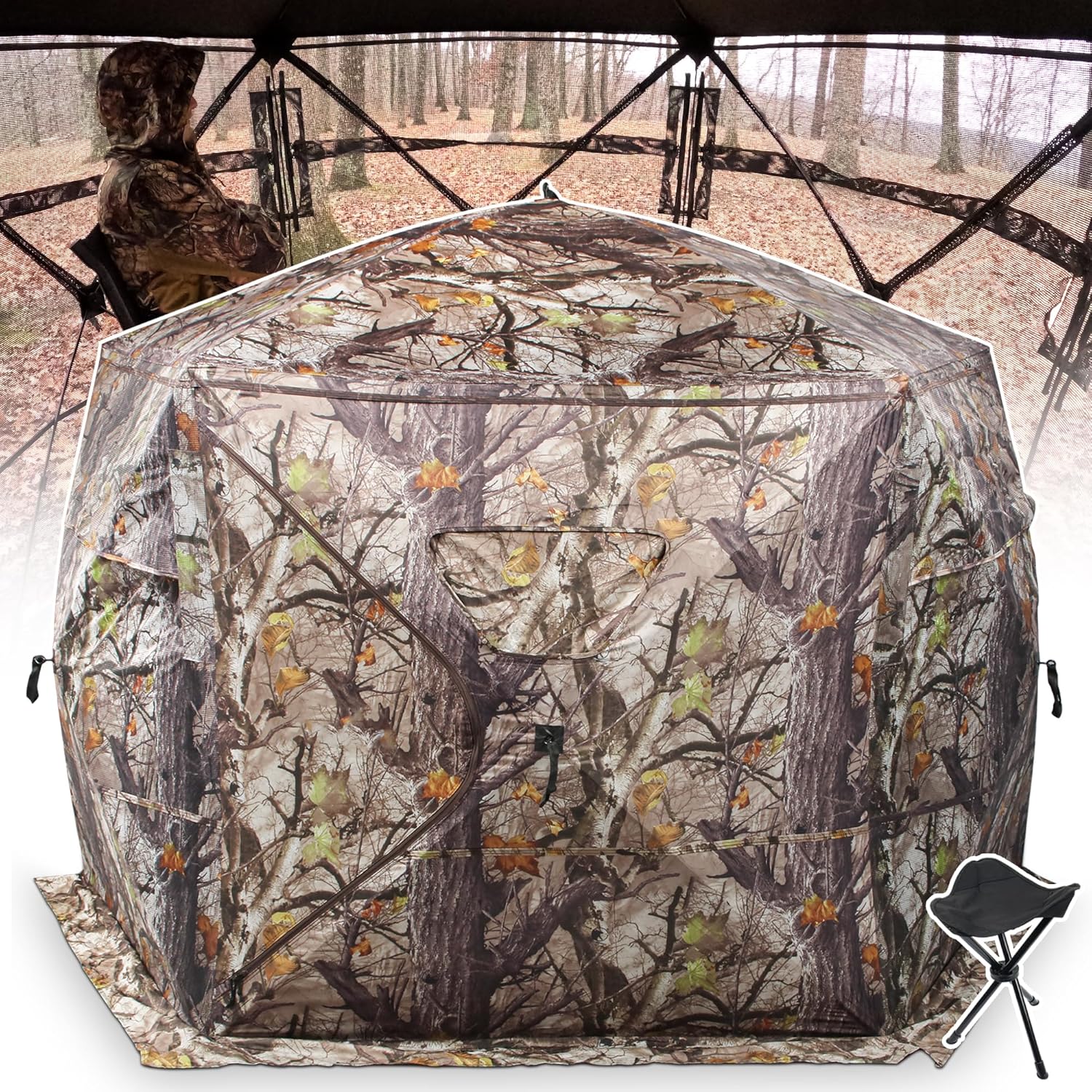 Extra Large Hunting Blind for 4 with Portable Chair and Camo Design