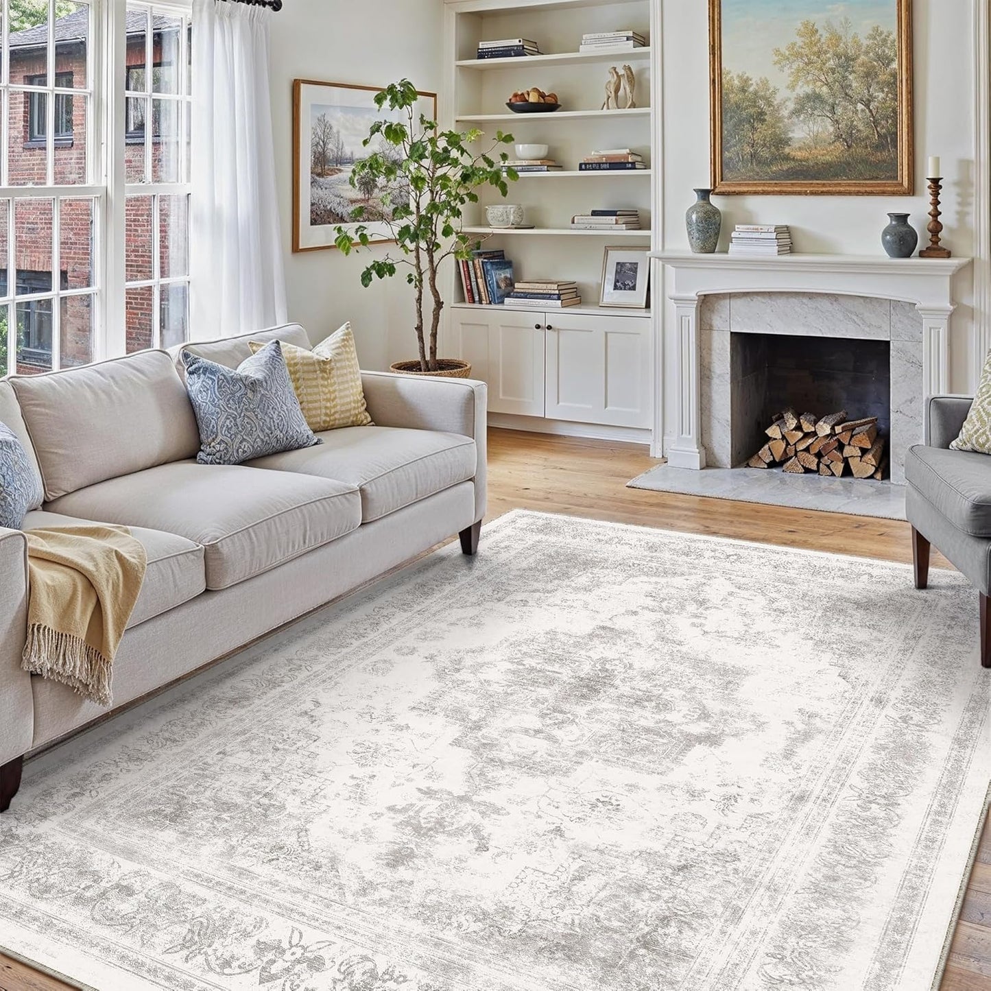 Washable 6x9 Area Rug for Living Room Light Gray Vintage Style