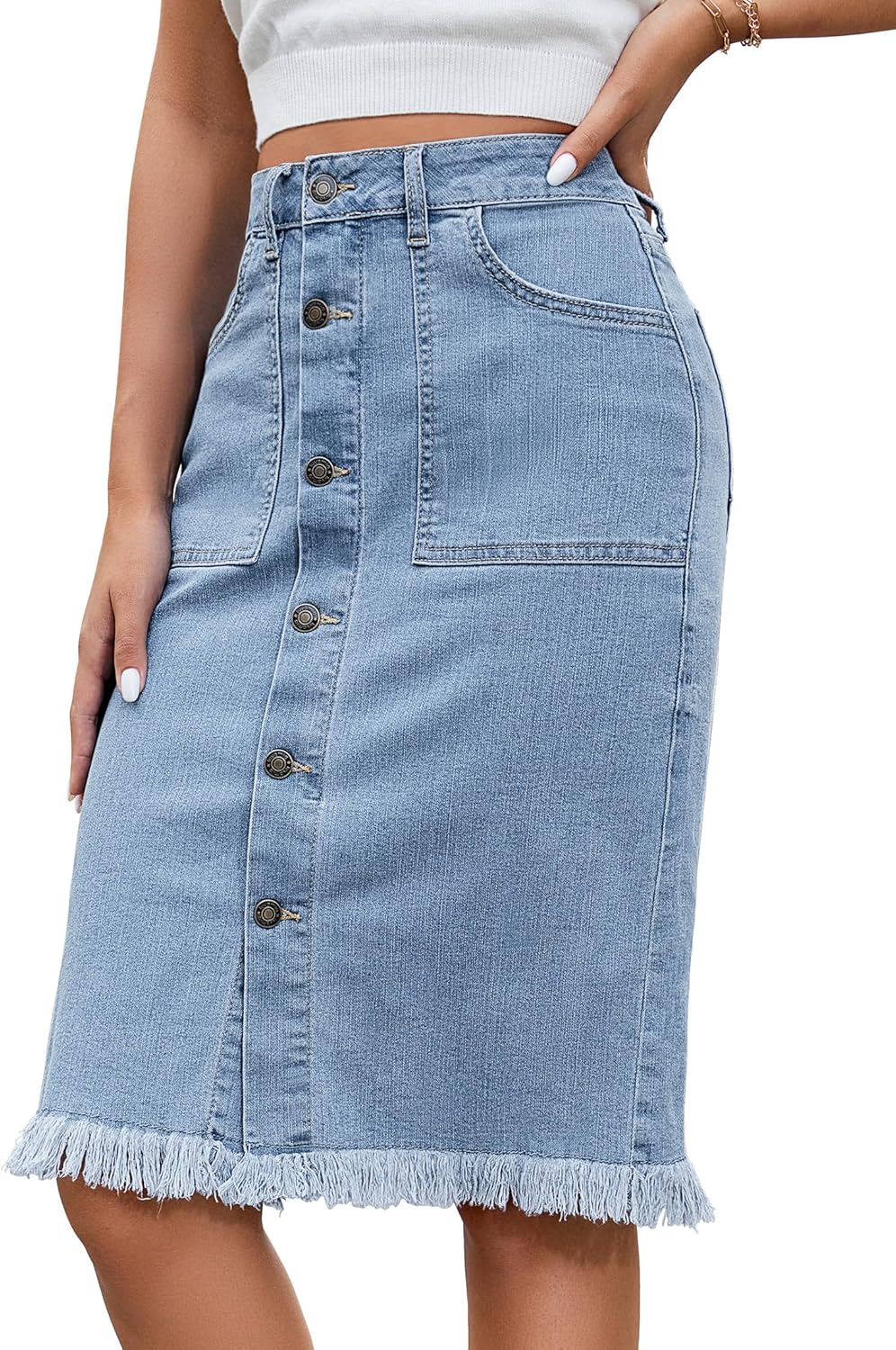 Luvamia Women's Casual Mid Rise Button Down Denim Jean Skirt