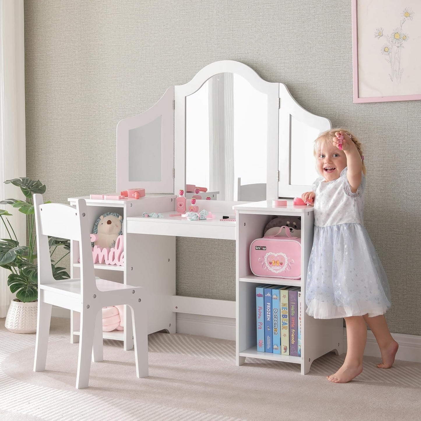 2 in 1 Kids Princess Vanity Storage Cabinet with Tri-fold Mirror