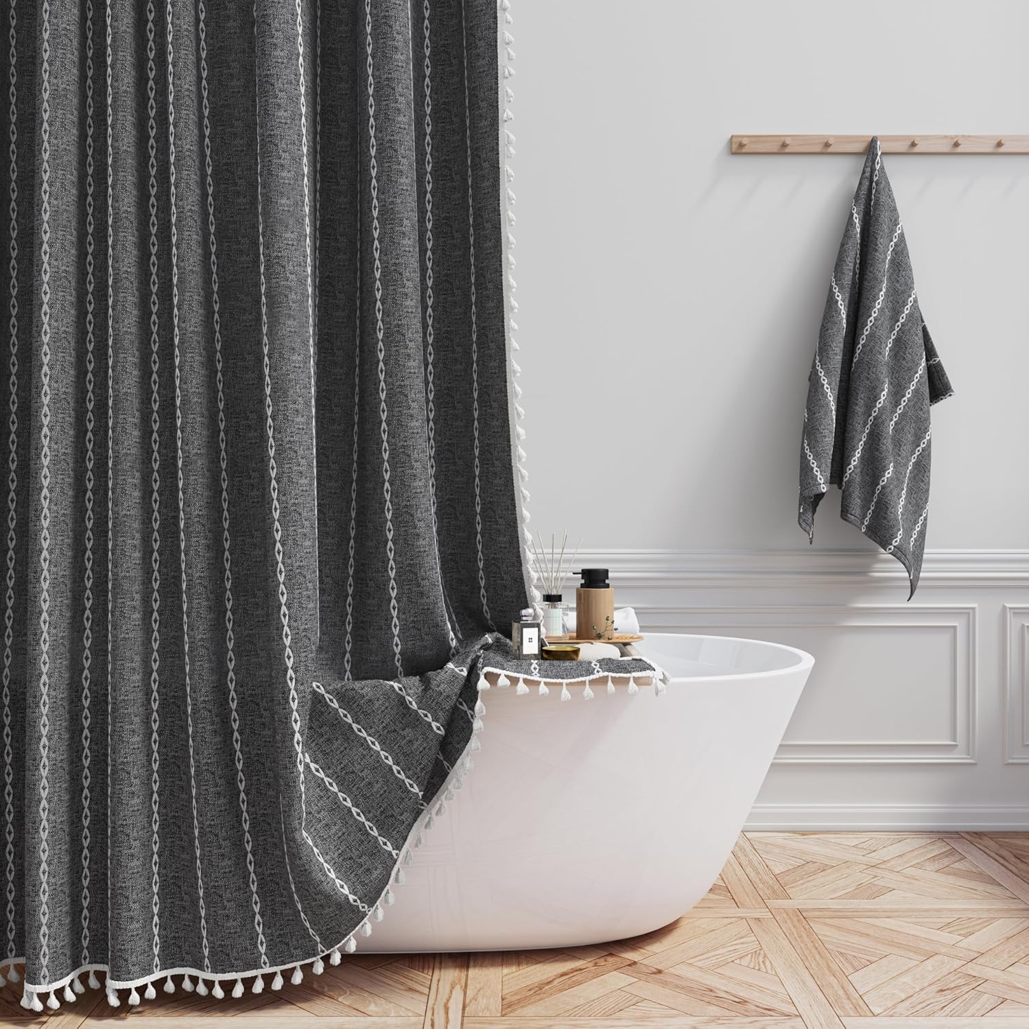 Boho Chic Striped Tassel Shower Curtain Set for Modern Bathrooms