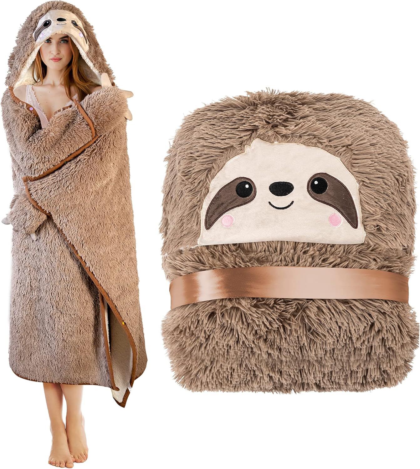 Sloth Wearable Hooded Blanket - Cozy Plush Fleece Cloak Wrap