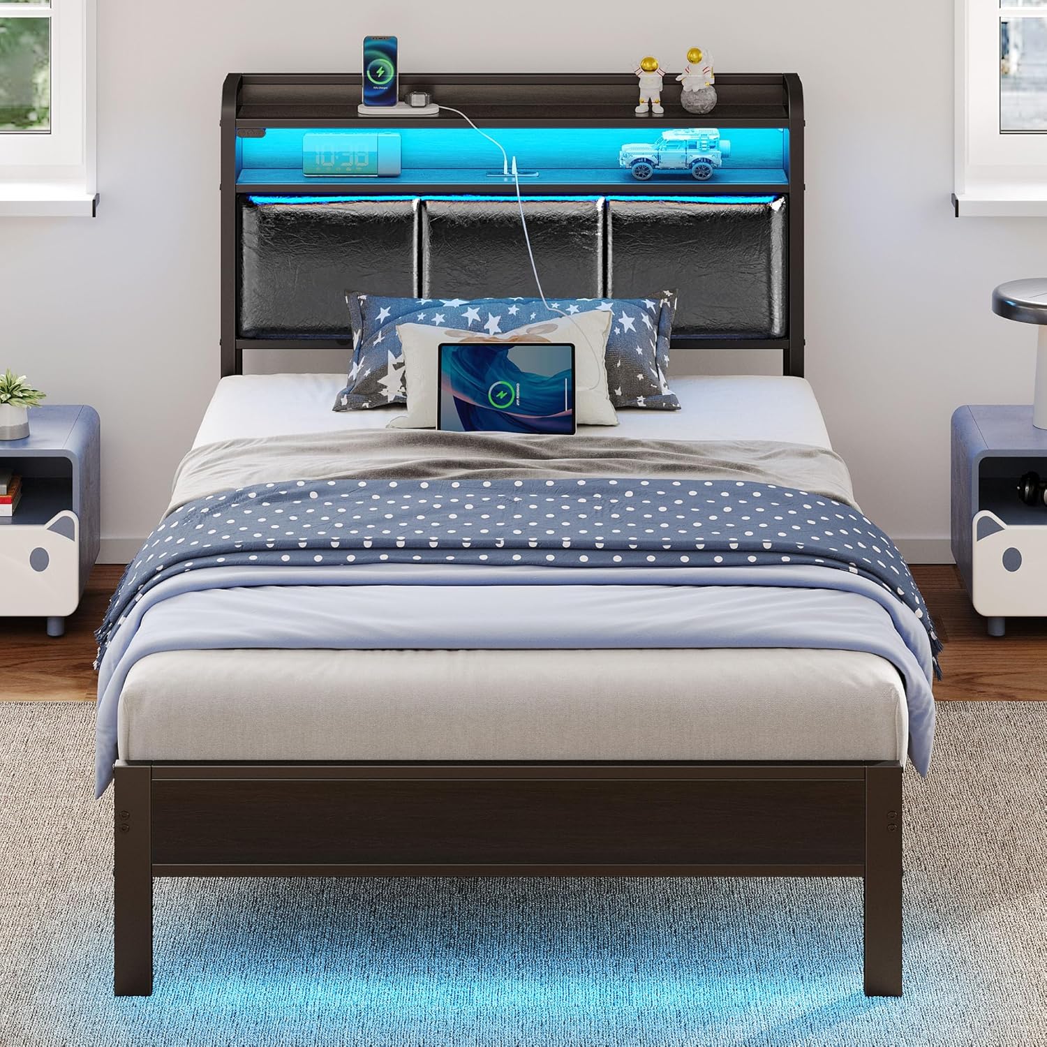 Rolanstar Twin Bed Frame with LED Lights and Charging Station