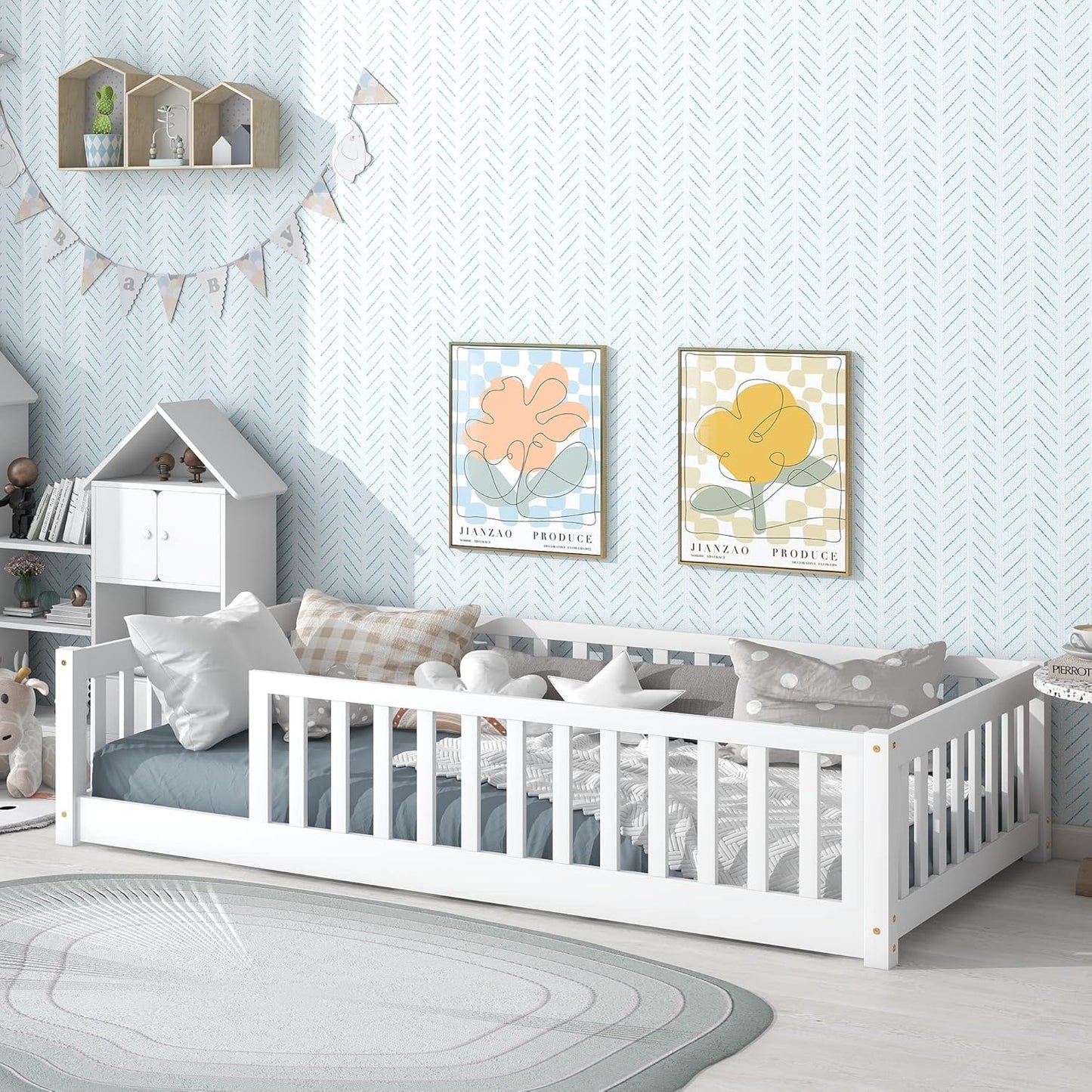 Twin Size Montessori Floor Bed with Safety Guardrails for Kids